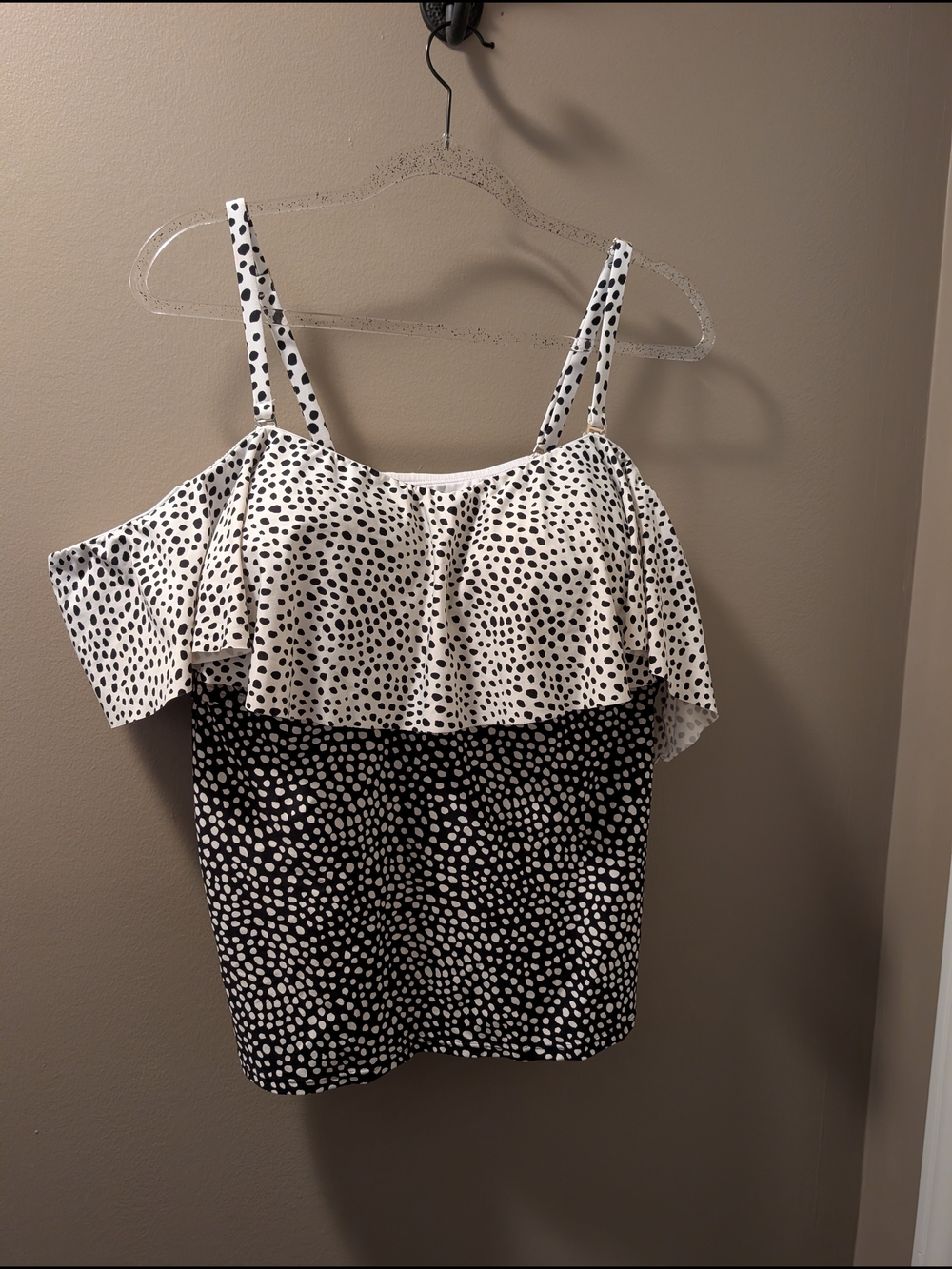 🤍🖤24th & Ocean 22W Off-Shoulder Ruffle Polka Dot Swim Tankini- Top Only